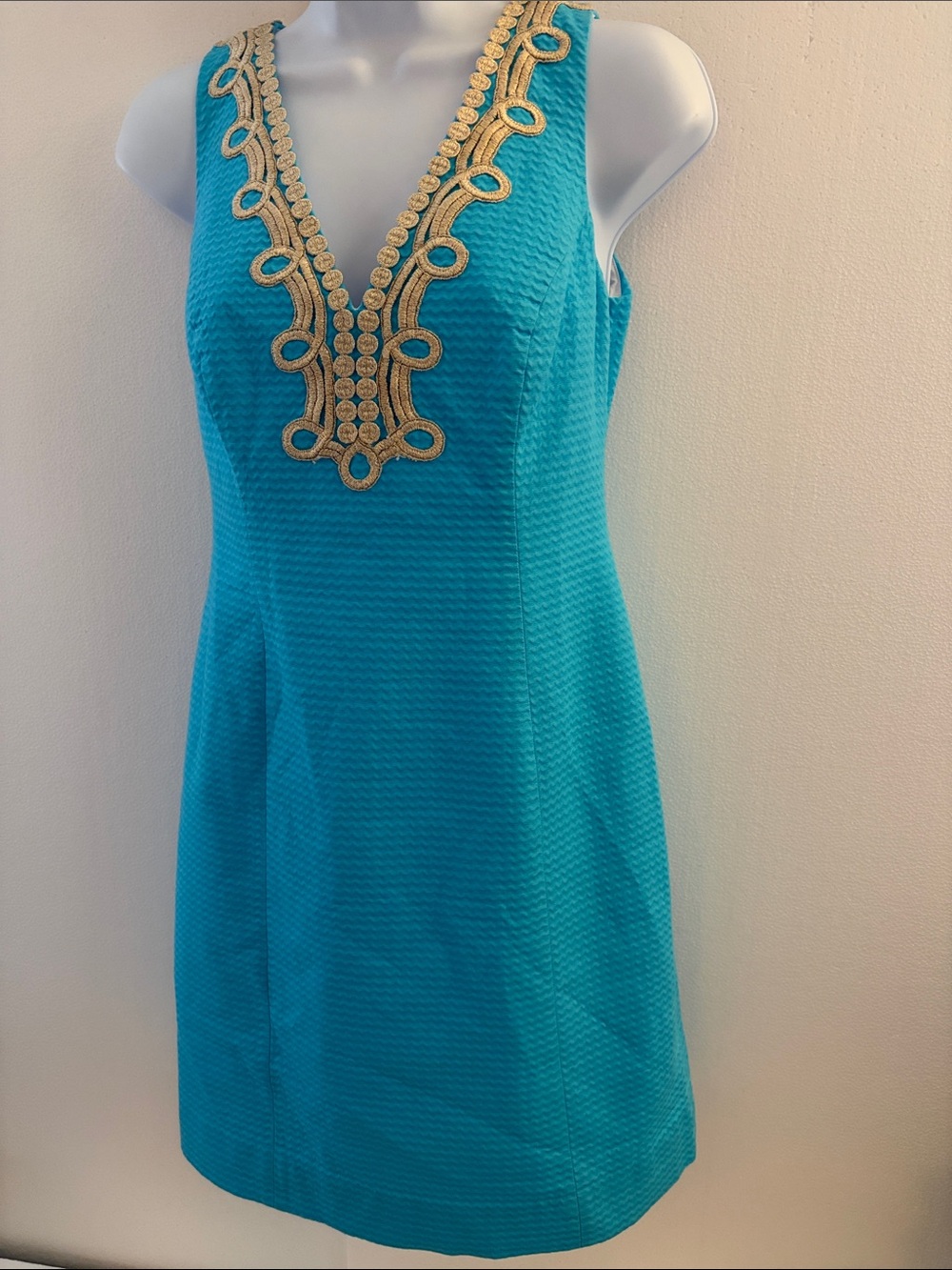 Lily Pulitzer Bentley Turquoise Blue Gold Embroidered Shift Dress – Size 2 XS S
